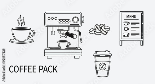 Coffee Shop Icons: Espresso Machine, Cup, Beans, Menu, Takeaway Cup
