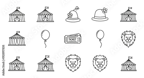 Circus Icons: Tents, Lions, Hats, Balloons, Tickets - Line Art