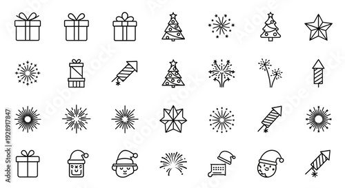Christmas Holiday Icons: Gifts, Fireworks, Santa Hats, Trees, Stars