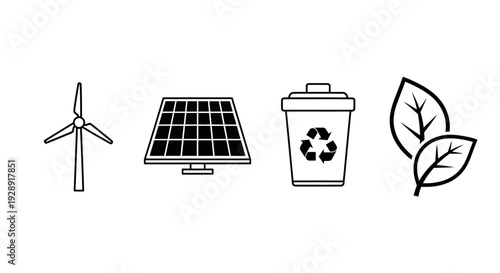 Clean Energy Icons: Wind Turbine, Solar Panel, Recycling Bin, Leaves