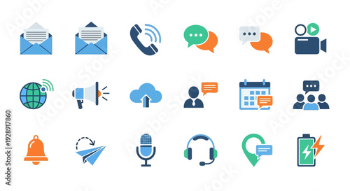 Communication Icons Set: Email, Phone, Chat, Video, Social Media, Cloud, Calendar, Bell