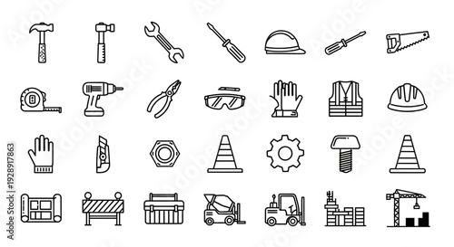 Construction Tools and Equipment Icons Set: Safety, Building, Repair, Industry