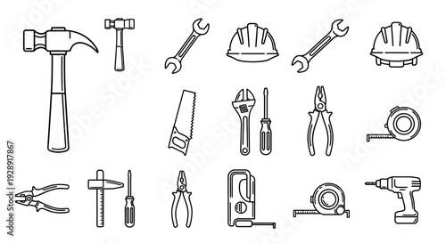 Construction Tools Icons Set: Hammer, Wrench, Saw, Drill, Hard Hat, Tape Measure