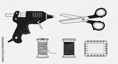 Crafting Tools: Hot Glue Gun, Scissors, Thread Spools, and Fabric Patch Icon Set
