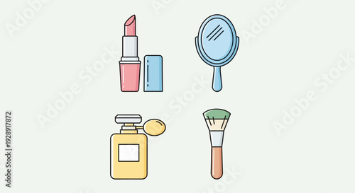 Cosmetics and Beauty Icons: Lipstick, Mirror, Perfume Bottle, Makeup Brush