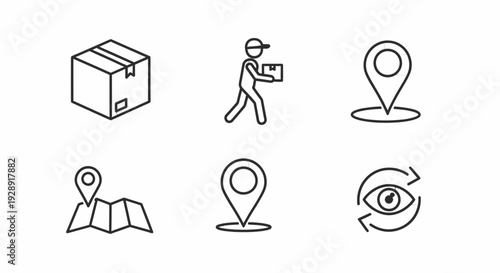 Delivery Service Icons: Box, Courier, Map Pin, Navigation, Tracking