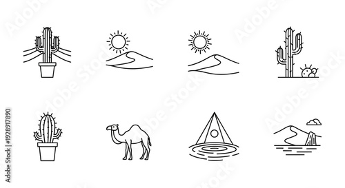 Desert Landscape Icons: Cactus, Camel, Sun, Dunes, Pyramid, Oasis