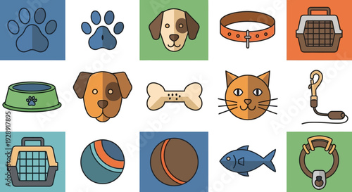 Dog and Cat Pet Icons: Paw Prints, Food Bowl, Toys, Carrier, Collar, Bone
