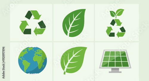 Eco-friendly Icons: Recycling, Leaf, Earth, Solar Panel, Green Energy