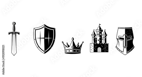 Medieval Icons: Sword, Shield, Crown, Castle, Helmet - Black and White