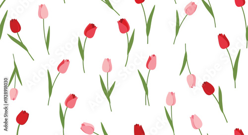 Pattern of red and pink tulips with green stems scattered across a white background. The arrangement is playful, conveying a fresh, spring-like vibe.