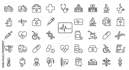 Medical Icons Set: Healthcare, Clinic, Hospital, First Aid, Science, Health Symbols