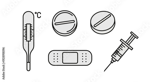 Medical supplies: thermometer, pills, syringe, and bandage, healthcare concept