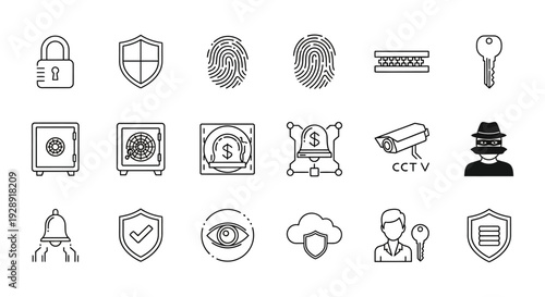 Security Icons Set: Lock, Shield, Fingerprints, Safe, CCTV, Hacker, Key, Cloud