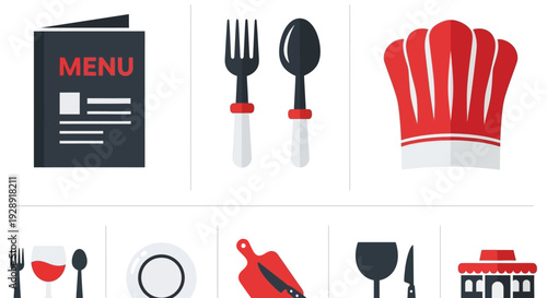 Restaurant Icons Set: Menu, Cutlery, Chef Hat, Food, Drinks, Plate