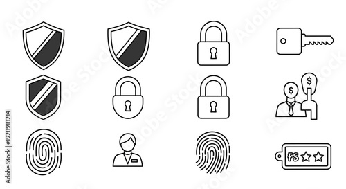 Security Icons: Shields, Locks, Key, Fingerprint, People, Password