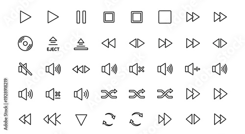 Set of Outline Media Player Icons: Play, Pause, Stop, Next, Previous, Volume, Eject