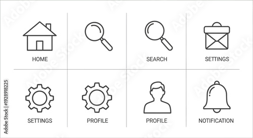 Simple Line Icons: Home, Search, Settings, Profile, Notification