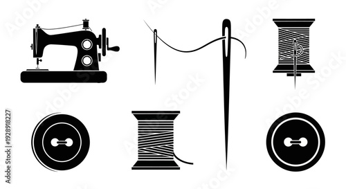 Sewing Machine, Needle, Thread Spools and Buttons - Crafting Icons Set