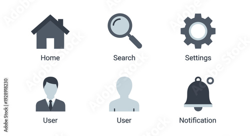 Set of Flat UI Icons: Home, Search, Settings, User, and Notification
