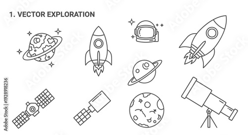 Space Exploration Vector Icons: Planets, Rockets, Astronaut Helmet, Telescope, Satellite