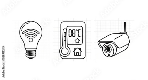 Smart Home Icons: Light Bulb, Thermostat, Security Camera - Line Art