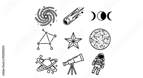 Space Icons Set: Galaxy, Comet, Moon Phases, Constellation, Star, Planet, Telescope, Astronaut