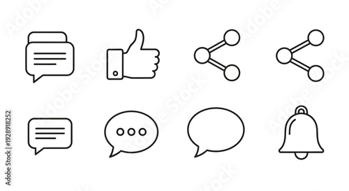 Social Media Icons: Like, Share, Comment, Notification - Line Art Collection
