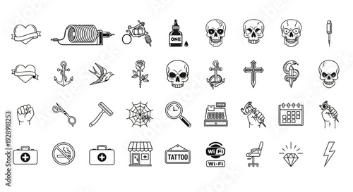Tattoo Studio Icons Set: Skulls, Needles, Machine, Rose, Heart, Symbols