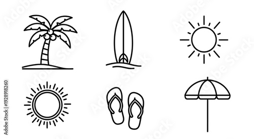 Summer vacation icons: palm tree, surfboard, sun, flip-flops, beach umbrella
