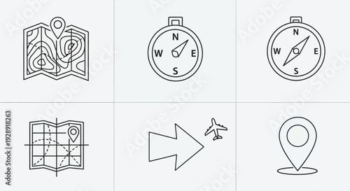 Travel Icons: Map, Compass, Airplane, Location Pin, Direction Arrow