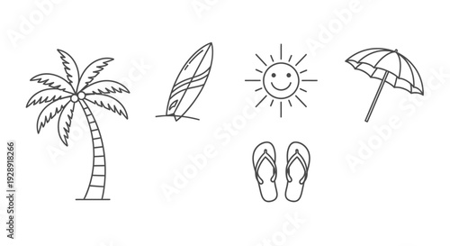 Summer Vacation Icons: Palm Tree, Surfboard, Sun, Umbrella, Flip Flops
