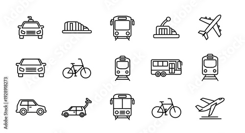 Transportation Icons Set: Cars, Trains, Planes, Buses, and Bicycles