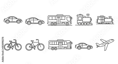 Transportation Icons: Cars, Buses, Trains, Bicycles, Airplane - Line Art