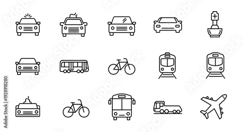 Transportation Icons: Cars, Bus, Train, Bicycle, Airplane, Police Car