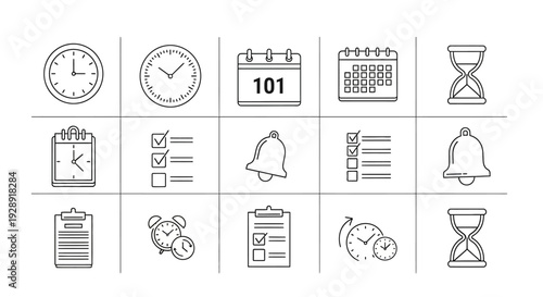 Time Management Icons: Clocks, Calendars, Checklists, Hourglasses, Bells
