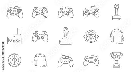 Video Game Icons: Controllers, Joysticks, Headphones, Trophy, Target, Compass