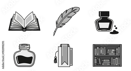 Vintage Writing Tools and Books Icons: Quill, Inkwell, Open Book, Bookshelf