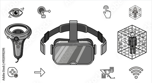 Virtual Reality Technology Icons: VR Headset, Controller, Eye, Hand, Wifi