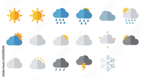 Weather Icons: Sun, Clouds, Rain, Snow, Thunderstorm, Forecasting Symbols