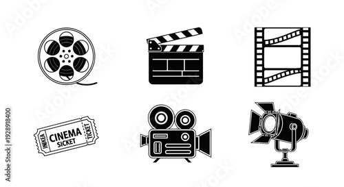 Cinema Icons: Film Reel, Clapperboard, Ticket, Camera, Spotlight
