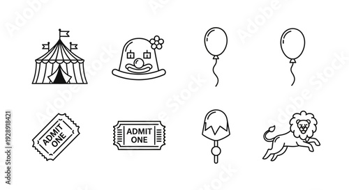 Circus Icons: Tent, Clown, Balloons, Tickets, Lion, Candy