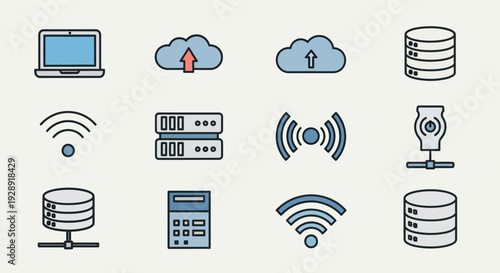 Cloud Computing and Networking Icons: Laptop, Servers, Wifi, Webcam, Calculator