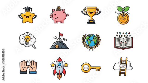 Collection of success and education themed cartoon icons, including a graduate star, piggy bank, trophy, and rocket.