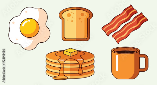 Delicious Breakfast Food Icons: Fried Egg, Toast, Bacon, Pancakes, Coffee