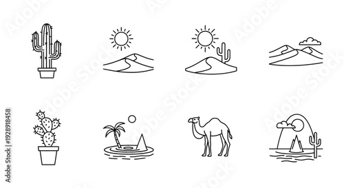 Desert Icon Set: Cactus, Camel, Oasis, Sun, Mountains