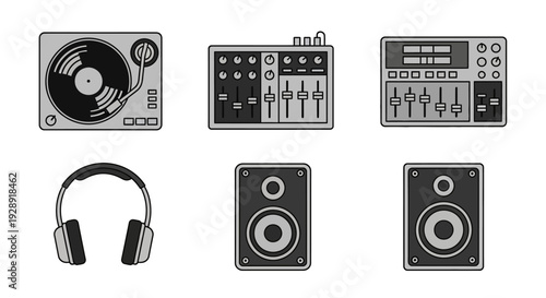 DJ Equipment Icons: Turntable, Mixer, Amp, Speakers, Headphones