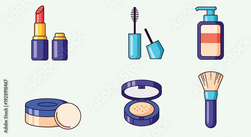 Cosmetics Collection Flat Icons Set: Lipstick, Mascara, Foundation, Powder, Brush