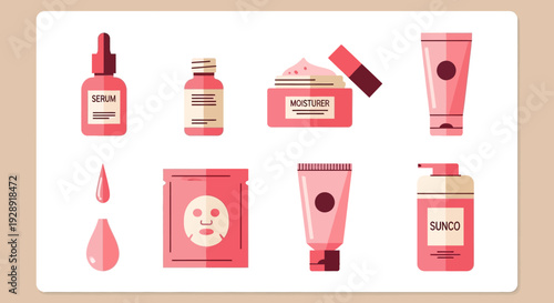 Cosmetic Products Flat Icons Set: Serum, Moisturizer, Sunscreen, Face Mask