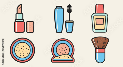 Cosmetics Icons Set: Lipstick, Mascara, Perfume, Powder, Brush